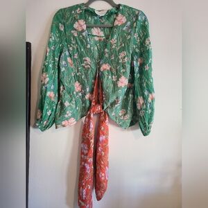 Anthropologie Mare Mare Floral Green and Red Tie-Front Blouse. Size S